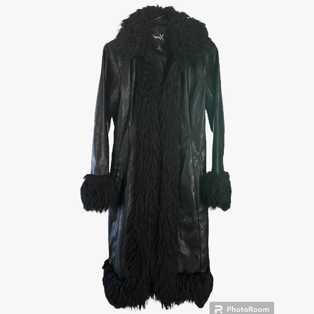 Vintage Y2K Formula X Penny lane all black coat size M faux leather fur Goth - Picture 1 of 13